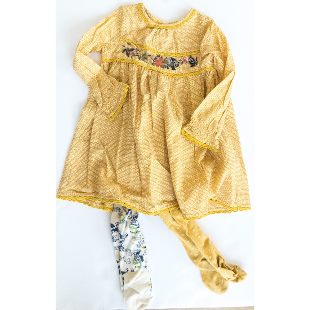 Next Direct 2-3 yrs Mustard yellow floral dress with 2 sets of matching tights